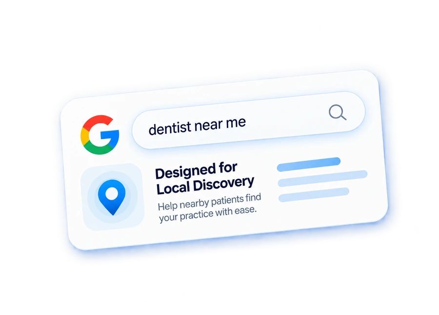 Local search visibility card showing a Google-style search result for a dental practice with a map pin