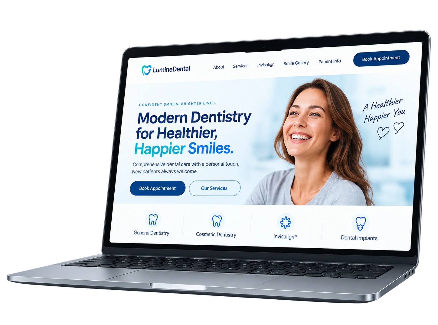 Concept dental practice website on a laptop screen, headline Modern Dentistry for Healthier, Happier Smiles