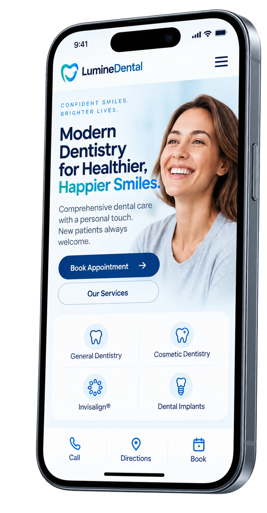 The same dental practice website concept on a mobile phone