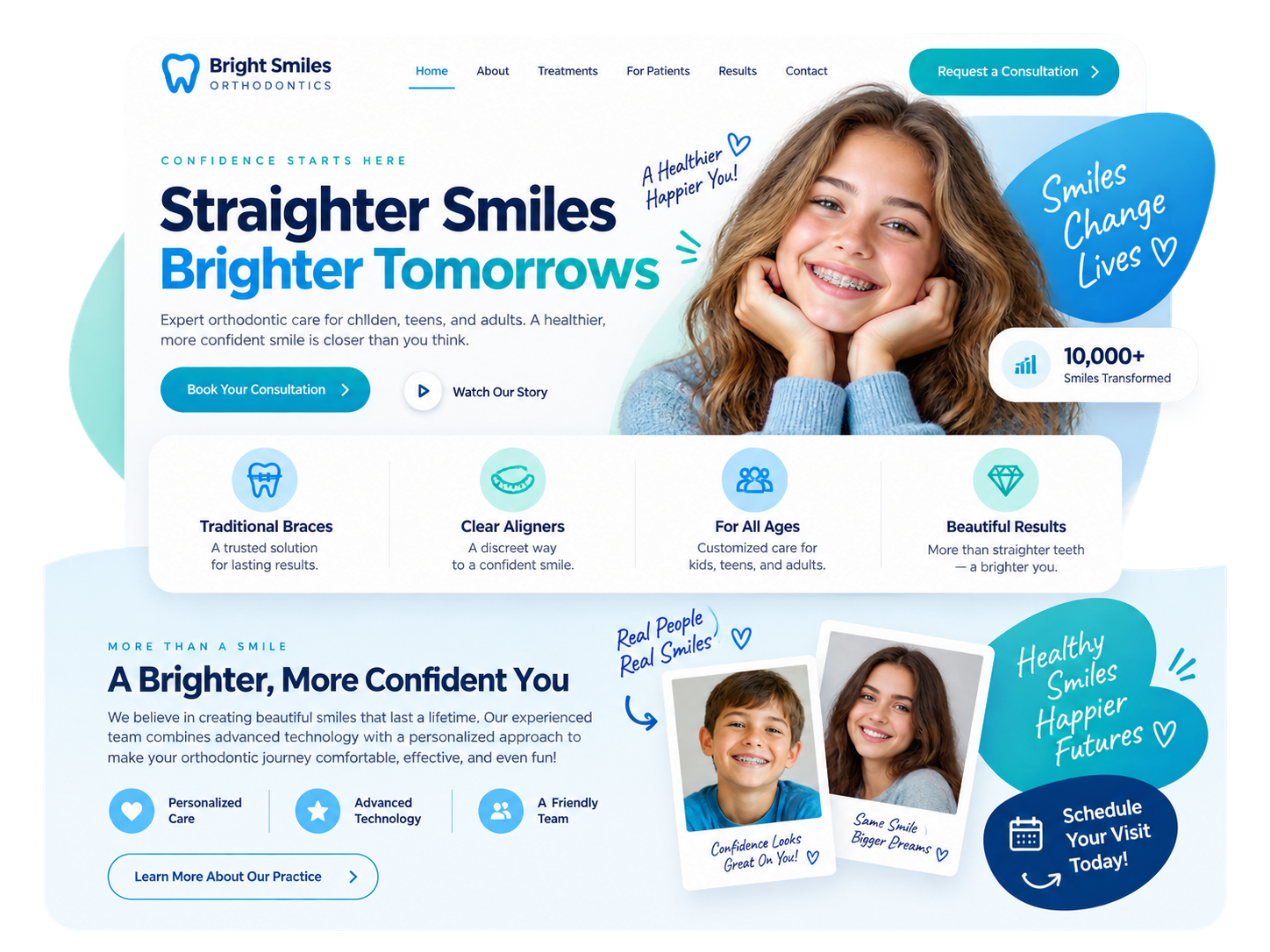 Orthodontics website design concept comparing braces and clear aligner treatment options